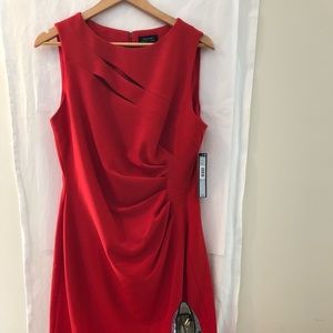 Tahari-Ruched Sheath Front Slit Dress